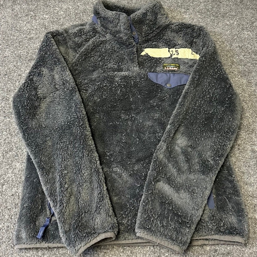 L.L. Bean Fleece Pullover Womens Size PM Gray High Pile Snap Neck Pocket Sweater